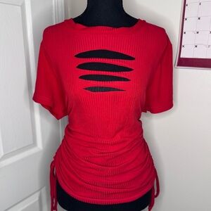 Red Ruched Cut-Out Women Top